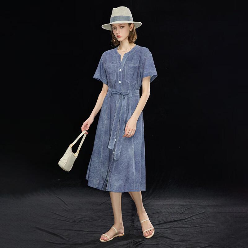 Heavyweight Mulberry Silk Denim V-Neck Drop-Shoulder Long Dress with Belt