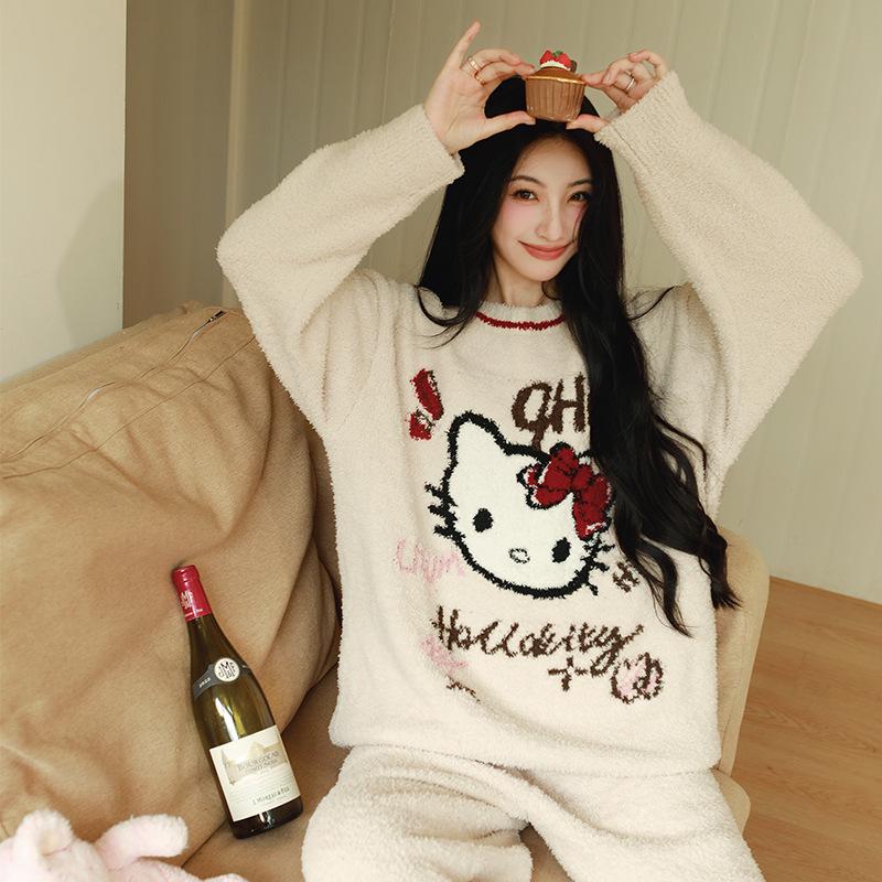 2025 Autumn/Winter Women's KT Cat Thickened Velvet Pajamas Set - Warm Long-Pile Fleece Homewear