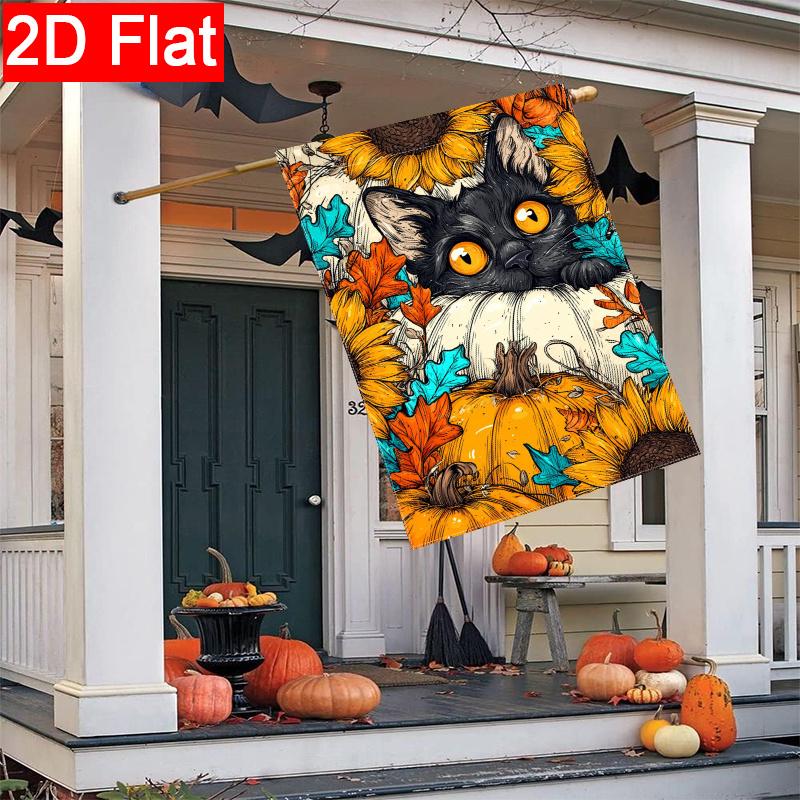 2D Flat, 2D Flat Thanksgiving Black Cat Sunflower White Pumpkin Maple Leaf Retro Autumn Garden Flag_3 (1)- Outdoor Garden Flag Double-sided Home Decor