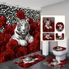 4Pcs 2D Flat White Tiger Roses Shower Curtain Set with Non-Slip Bath Mat, Toilet Lid Cover, Contour Rug & 12 Hooks, Bathroom Decor