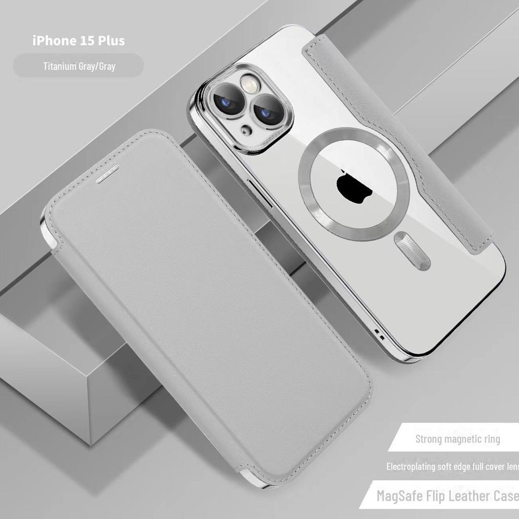 "Apple iPhone 15 Gold Shield Magnetic Leather Flip Case with Full Lens Protection"