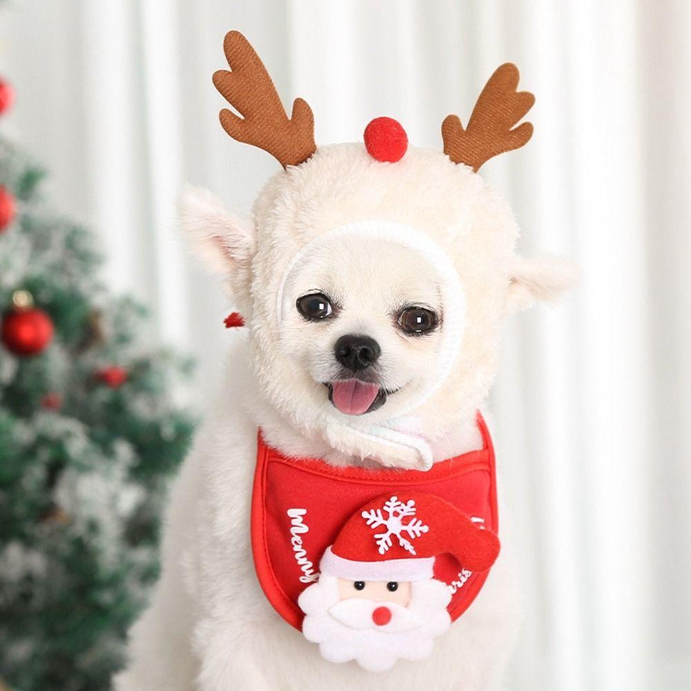 2PCS Cotton Plush Christmas Pet Hat Winter Pet Costume New Pet Bandana  Dog