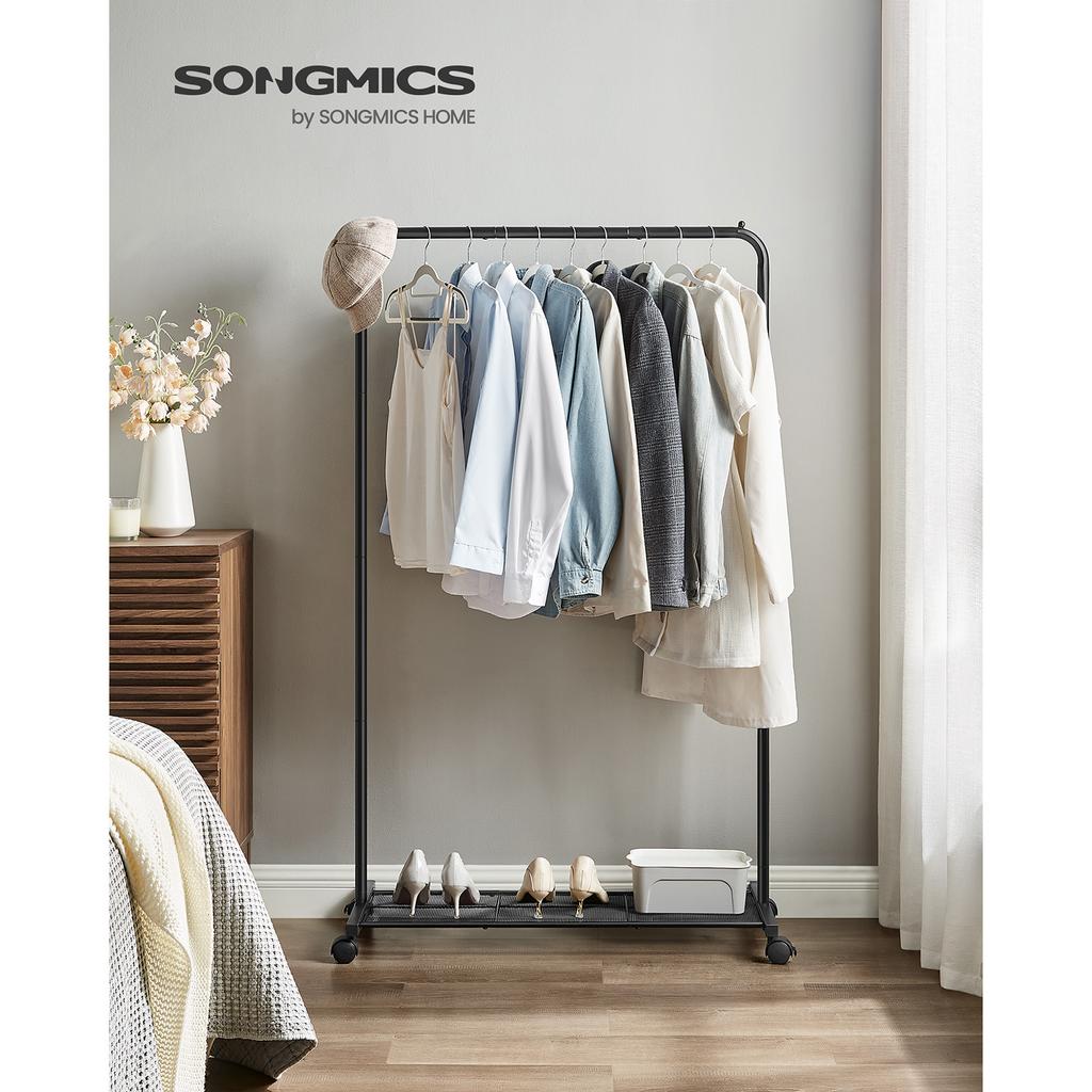 SONGMICS Clothes Rack on Wheels, Single-Rail Metal Garment Rack, with Storage Shelf, Top Rail Holds up to 40 kg, Black