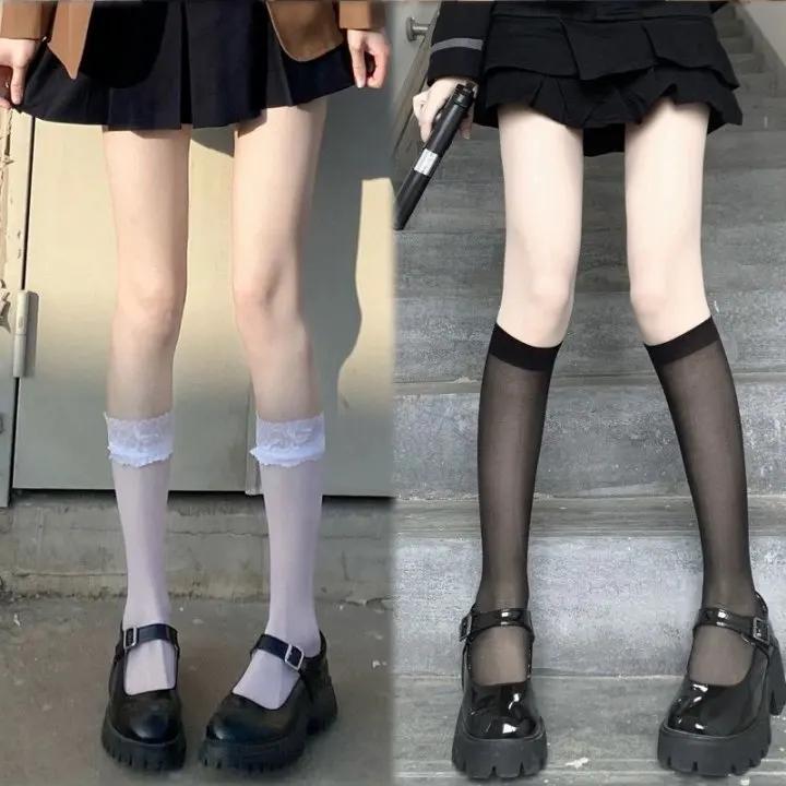 Lolita Summer Nylon Floral Lace Trim Calf Socks Ultra-Thin Transparent Sheer Knee High Socks Jk Girl Women Long Kawaii Stockings