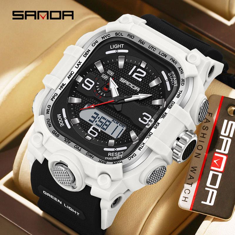 Sanda Three-Hand Square Dial Waterproof Student Sport Watch with Dual Display and Three-Zone Time.