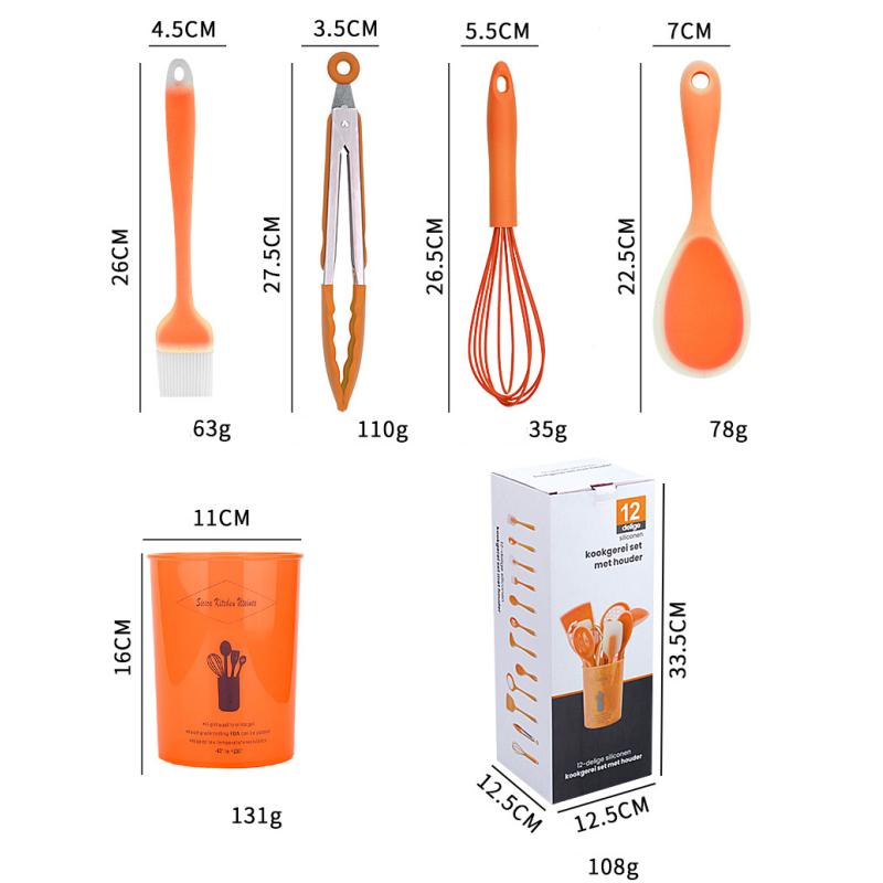 12Pcs/Set Silicone Kitchen Utensils With Storage Bucket High Temperature Resistant And Non Stick Pot Spatula Spoon