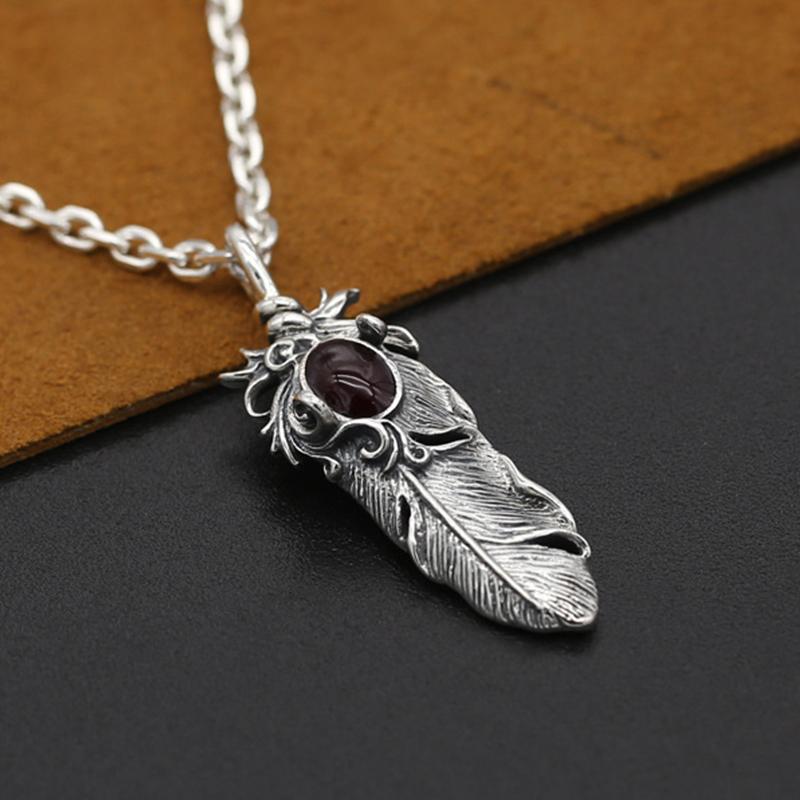 S925 Sterling Silver Smycken Retro Thai Silver Herr Handgjorda Epoxy Flame Eagle Fjäderhänge