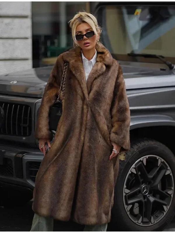 Dark Brown Faux Fur Long Coat - 2024 Winter Collection: Plush, Warm, and Thickened.
