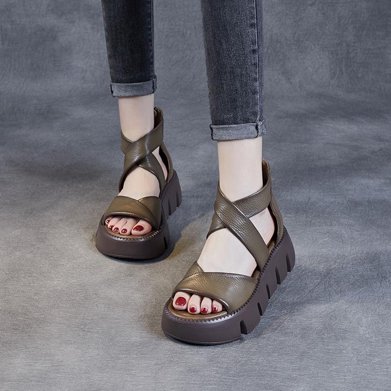 Thick Soled Sandals Women 'S Summer New Vintage Leather Muffin Shoes Back Zipper Fish Mouth Roman Shoes