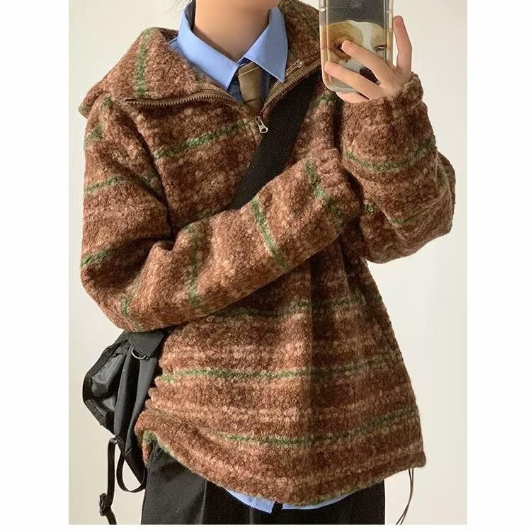 

Men s Retro Striped Knitted Hoodie: Half-Open Collar, Autumn/Winter Trend, Loose and Warm XXL коричневый