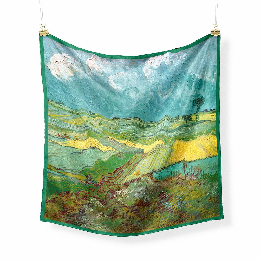 Famous Oil Painting Twill 100% Silk Scarf Fashion Bandana Women Scarf Wraps 53cm Square Scarves Hijab Head Scarf Neckerchief
