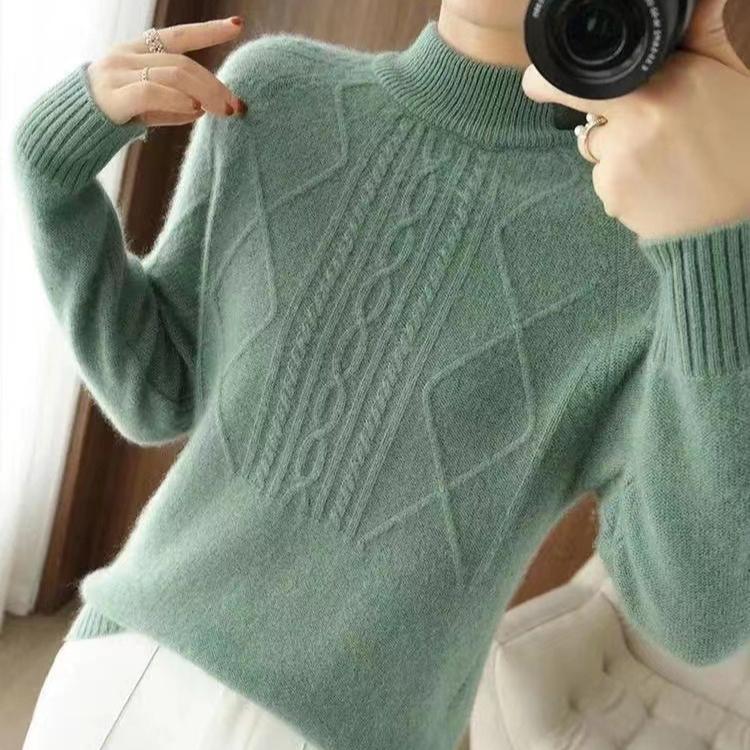 Half Turtleneck Sweater for Women Solid Color Casual Warm Knitted Sweater Thickened Loose Long-sleeved Pullover Autumn and Winter
