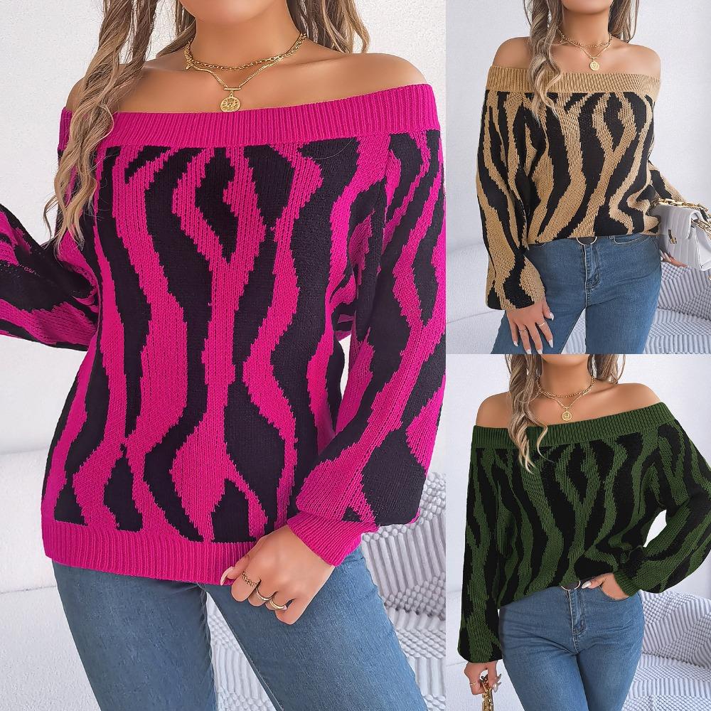 Autumn and Winter Casual Contrasting Color One-line Collar Off-shoulder Lantern Sleeve Sweater