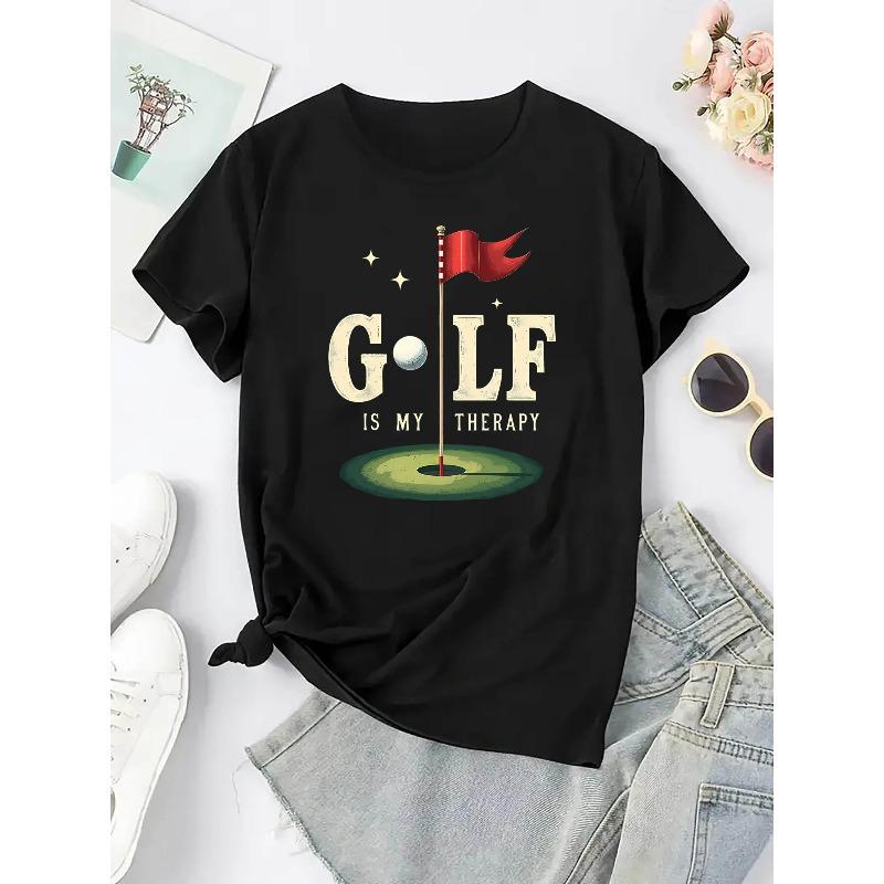European Sizes Women's Golf Graphic Print T-Shirt - "GOLF IS MY Relax" Slogan, Breathable Short Sleeve Round Neck Casual Top for Summer