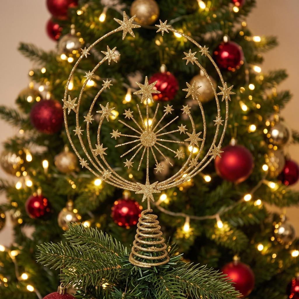 Christmas Tree Top Finial | Glittery Openwork Design, Gold-Toned, Ornament, for