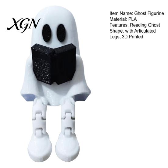 Desktop Ghost Figurine Reading with Articulated Legs, 3D Printed Sitting PLA Ornament Statue, White Desk for Halloween Decoration Miniature Decor