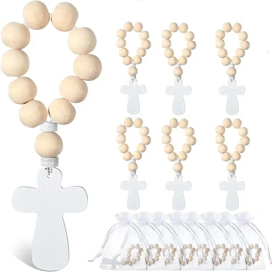 6/12/18PCS Wooden Rosary Wood Bulk Catholic with Crucifix Wooden Cross Pendant with White Mesh Bags for Baptism First Communion