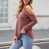 Women's Fashion Solid Color V-neck Off Shoulder Long Sleeve Casual Pullover T-shirt Top