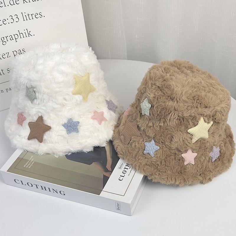 Women's Autumn and Winter New White Star Hat Thickened Ear Protector Winter Fluffy Widened Fluffy Cute Bucket Hat