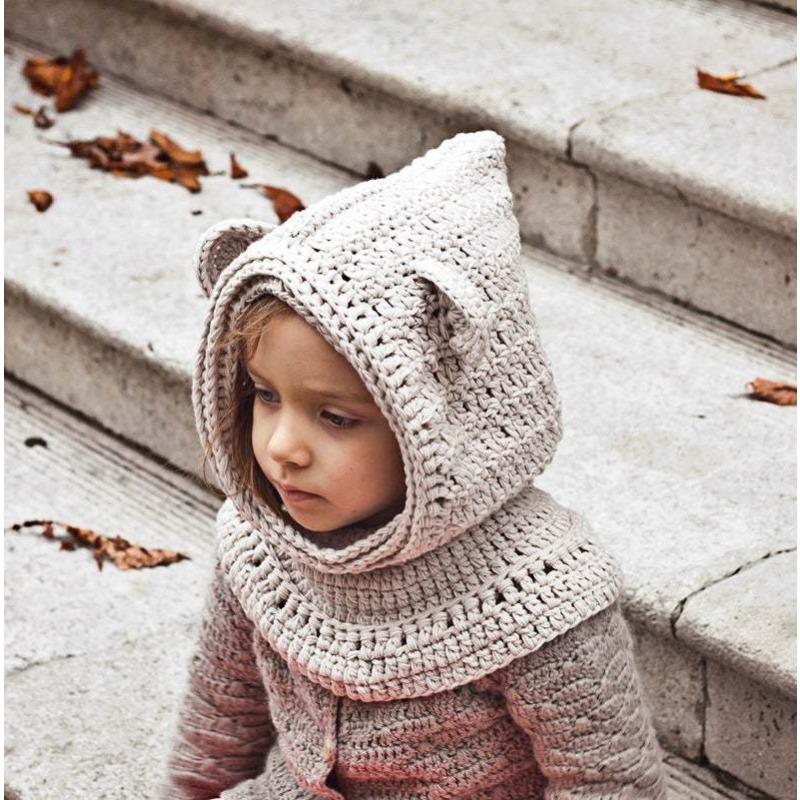 eBay Hot Sale Handmade Crochet Hat Children's Animal Ears Wool Hat Scarf Hooded Bear Hat