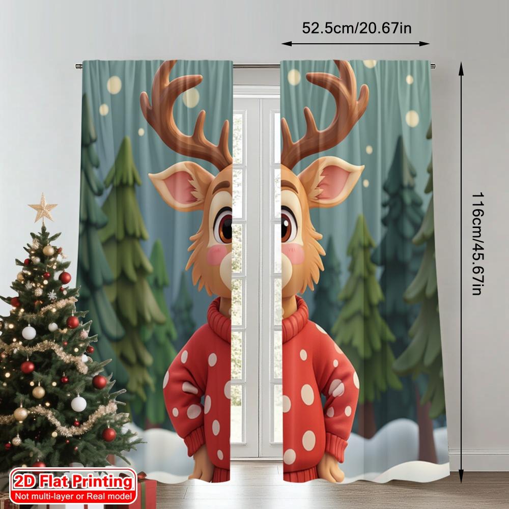 2pcs 2D Flat Printing Merry Christmas Curtains Deer Wearing Christmas Sweater Forest Polyester Without Electricity Festive Wall