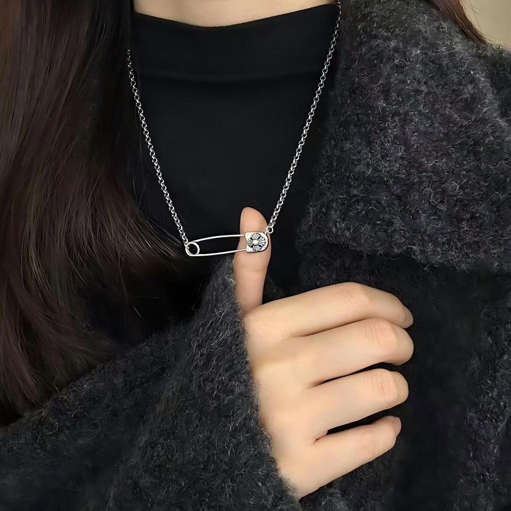 Sterling Silver Cross Flower Brooch Necklace, Unisex Trendy O-Shaped Sweater Chain with Universal Clasp