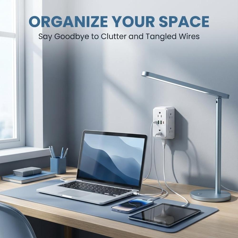 6-socket wall outlet extender with 4 USB ports (2 Type-C), three-sided surge protection socket extender, multi-plug power strip