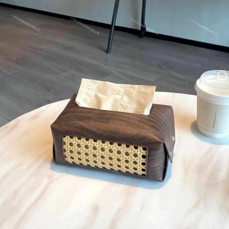 Bedroom Living Room Drawer Box Modern Simple Woven Hollow Leather Drawer Paper Box Wood Grain Tissue Box