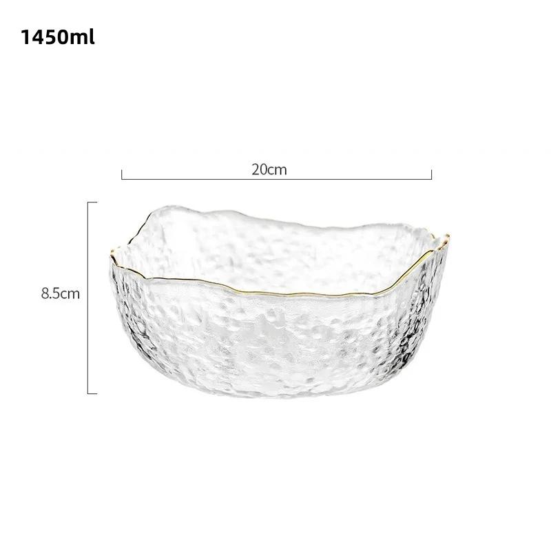 Japanese Style Iceberg Glass Bowl with Glod Rim Transparent Salad Fruit Soup Dessert Snack Foods Mixing Bowl Tea Wash Large