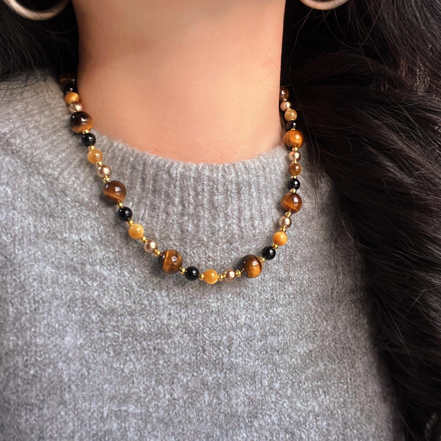 Maillard Style Natural Boutique Tiger S Eye Stone Highlight Shijia Pearl Clavicle Chain Necklace Female