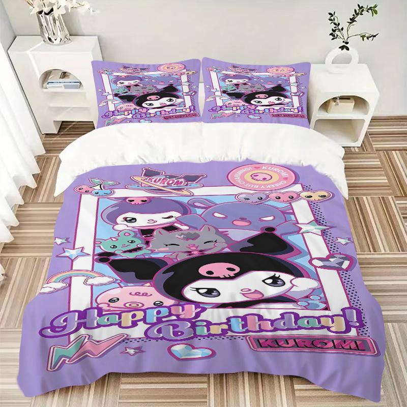 3pcs Kuromi's Birthday Celebration Quilt Set Cartoon Themed Bed Quilt Set Lovely Character Bedroom Decor Bed Quilt Set Four Seasons (1 Cover + 2P