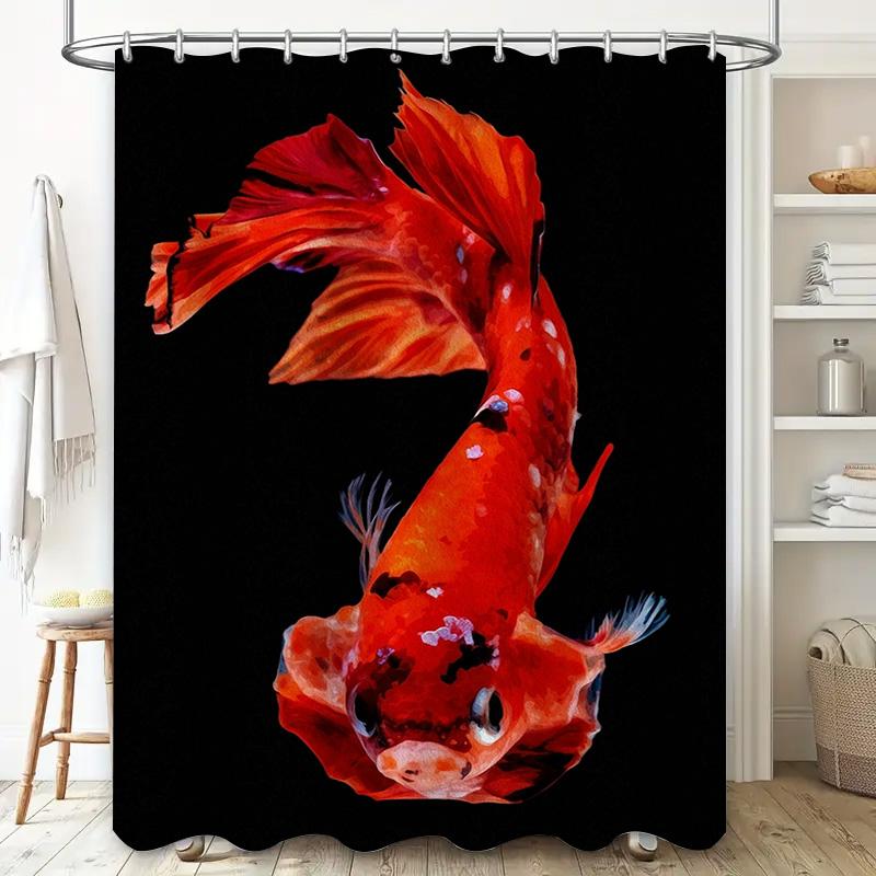 Goldfish Print Shower Curtain Waterproof Fabric Large Size Home Decor Bathroom Accessory for Pets Bathing Room Black Background