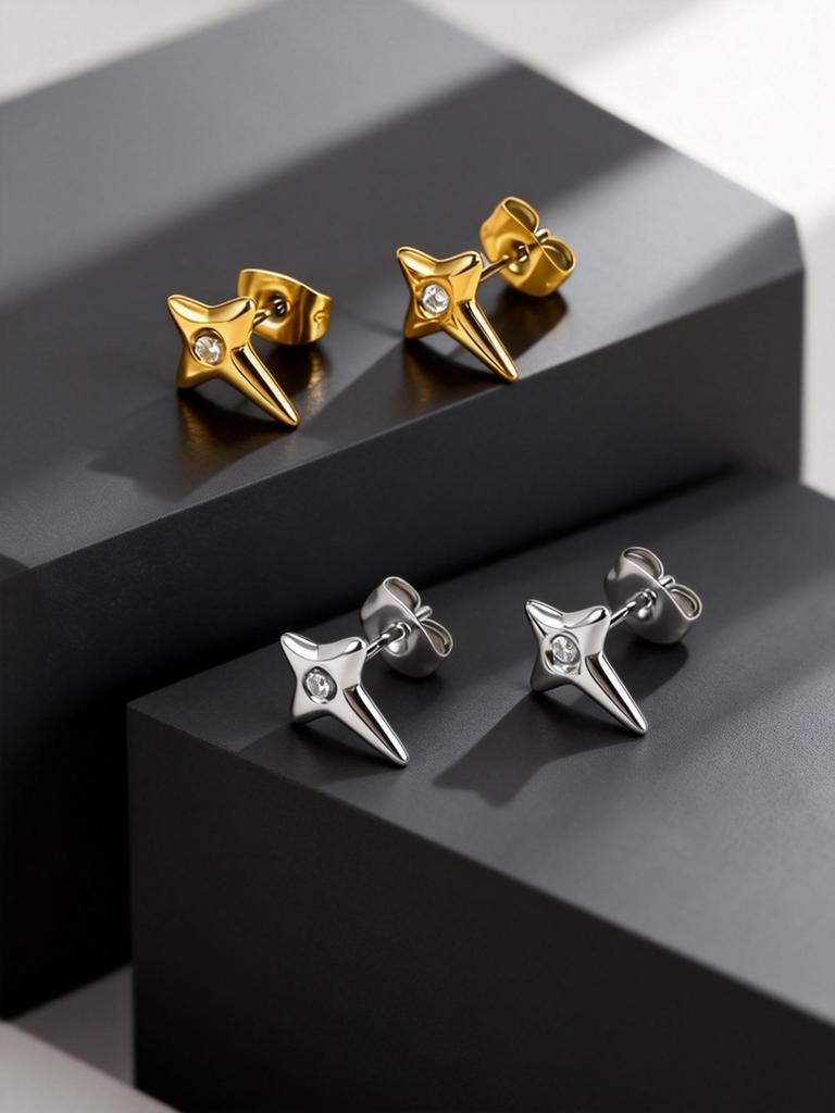 Fashion Hip Hop Cubic Zircon Star Small Stud Earrings for Men Simple Stainless Steel Pierced Earrings Hypoallergenic Jewelry
