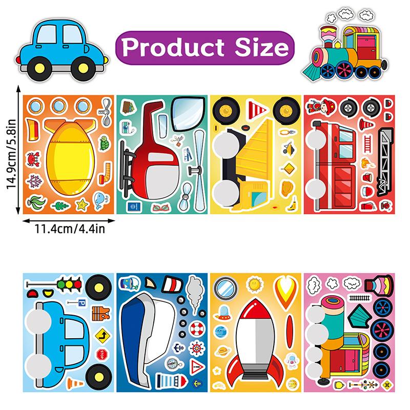 

New 8Sheets Children DIY Puzzle Sticker Cartoon Transportation Vehicle Make Face Assemble Jigsaw Stickers Kids Educational Toys