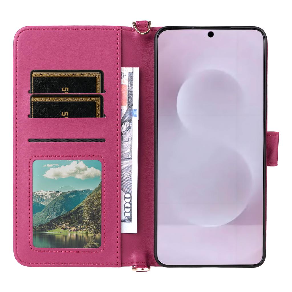 For Samsung Galaxy S25 Edge Wallet Case with Shoulder/Wrist Strap Leather Phone Cover Stand