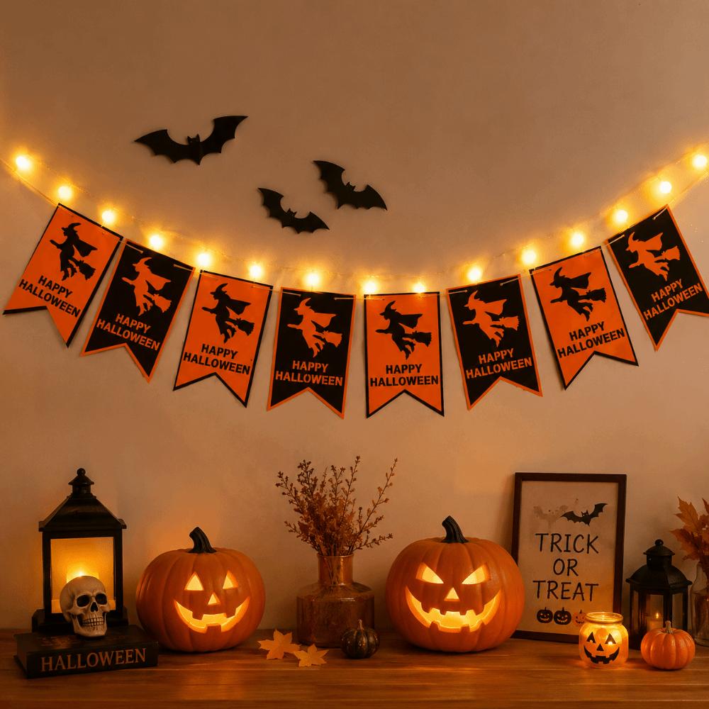 Kreatives Halloween-Hängebanner Halloween-Flagge Partybanner Lichterkette Schaufensterdekoration