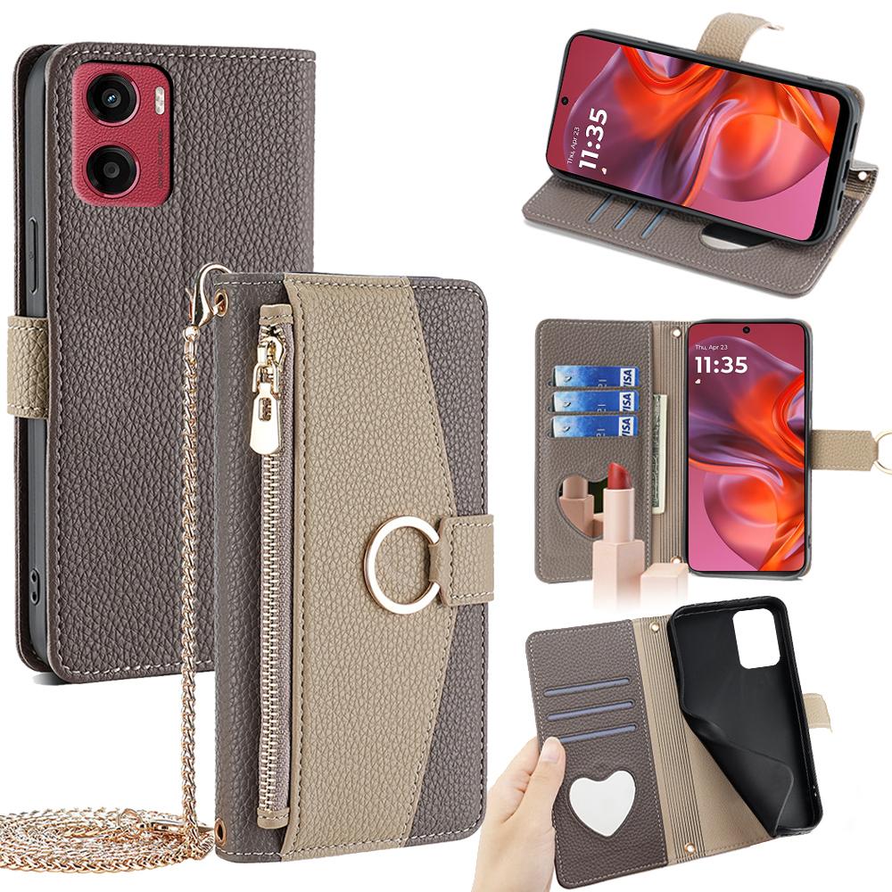 

For Motorola Moto G05 4G Case Mirror Wallet Leather Phone Cover with Chain Shoulder Strap C