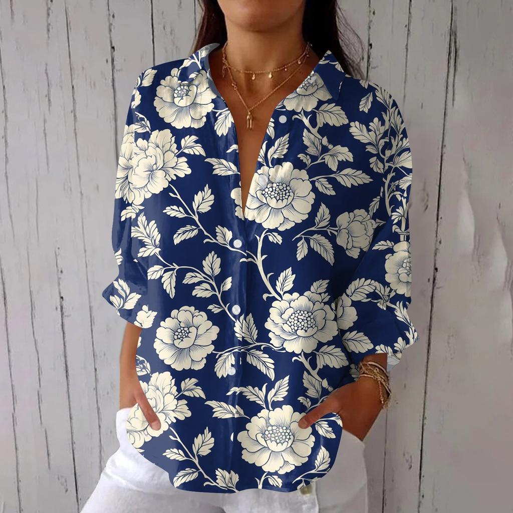 Women's Fashion 3/4 Sleeve Casual Lapel Back Tie- Floral Print T-Shirt Top