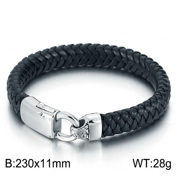 KALEN Trendy Braided Black Cowhide Leather and Stainless Steel Bracelet Men Double Chain 21.5cm&Trendy