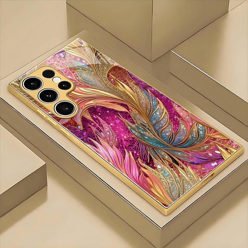 Colorful peacock feather patterned glass phone case suitable for Samsung Galaxy S26 S25 S24 S22 S21 S20 FE/Ultra/Plus hard case Galaxy S23 plus золотой