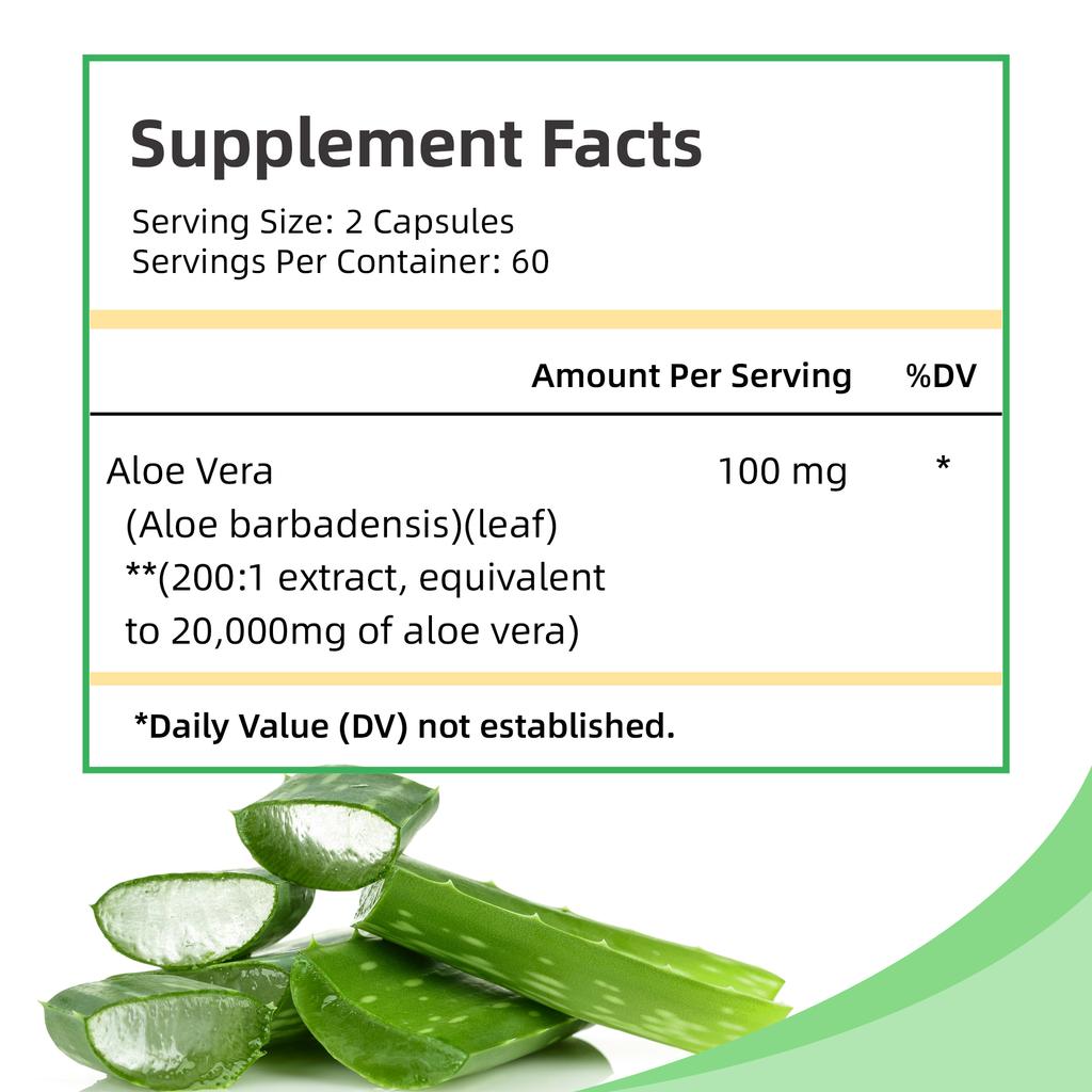 Capsule di aloe vera, integratore naturale, contenente 20.000 mg di estratto di aloe vera, adatte agli adulti.