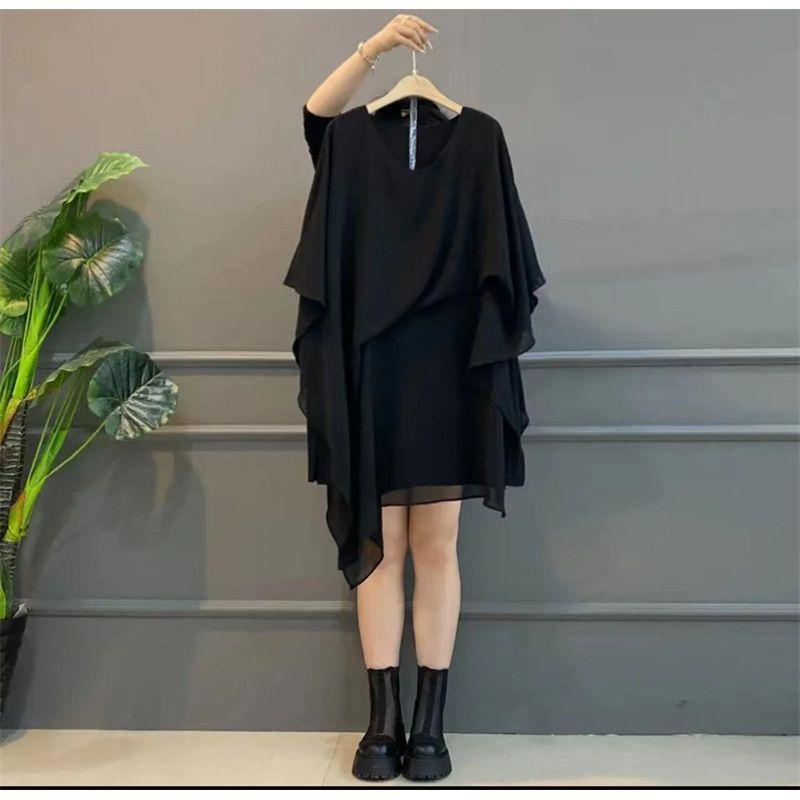 

Plus Size Ladies Elegant V Neck Lightly Mature Asymmetrical Design Chiffon Dress Summer Clothing Plus Size Slim Looking Fancy Dress Women Black 2XL