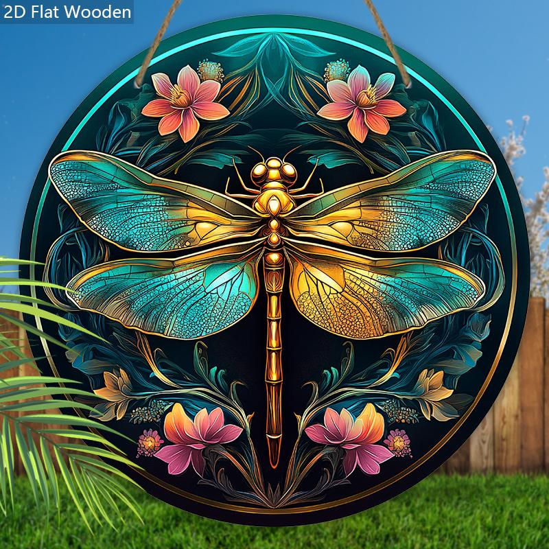 Vintage Holzschild mit Libellen- und Blumenmuster - Künstlerisches rundes Ornament für Haustür, Wandbehang-Dekor - Ideale Hängedekoration für Zuhause