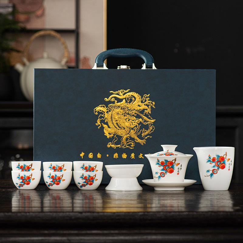 Premium beauty suet jade white porcelain kung fu tea set, household Xishi pot tea cup light luxury high-end gift box