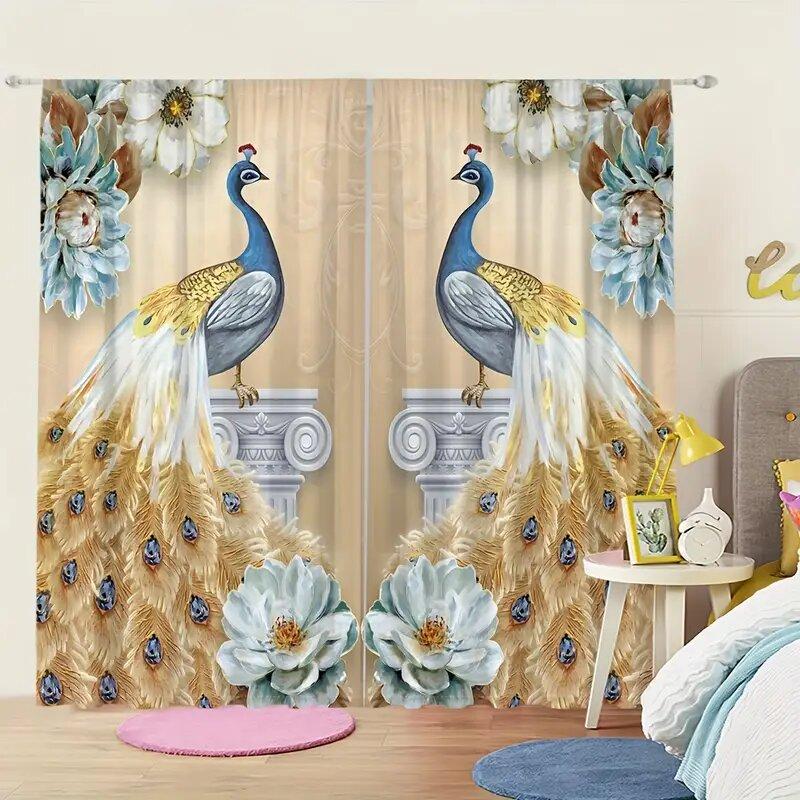 Elegant Noble Gold Blue Peacock Pattern Printed Curtains Window Decoration Home Room Curtain Polyester