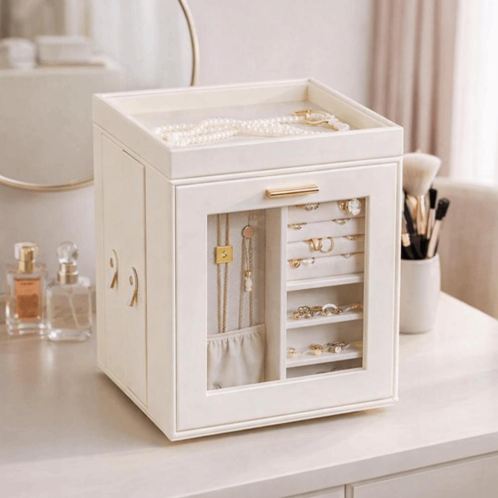 Visible Jewelry Display Box Vertical Jewelry Organizer Rotating Jewelry Storage Box  Rings Storage beige