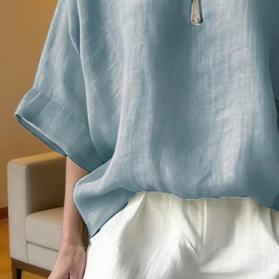 Women Tops Round Neck Half Sleeve Loose Fit Pullover Tops Pure Color Soft Fabric Casual Blouse Daily Wear