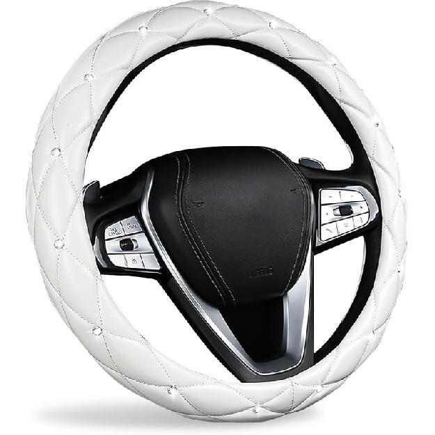 Cute Sparkly Black Car Steering Wheel Cover, Soft Breathable Anti-Slip PU Leather Steering Wheels Covers With Diamond Bling Rhinestone,Universal