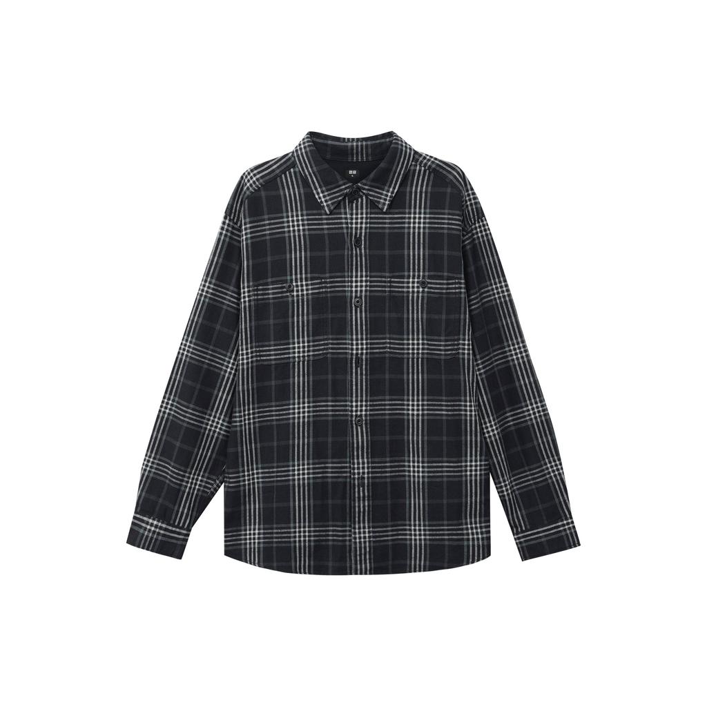 UNIQLO FW23 Plaid Pattern Pointed Collar Loose Long Sleeve Shirt Unisex shirts Dark-Gray 462388-08