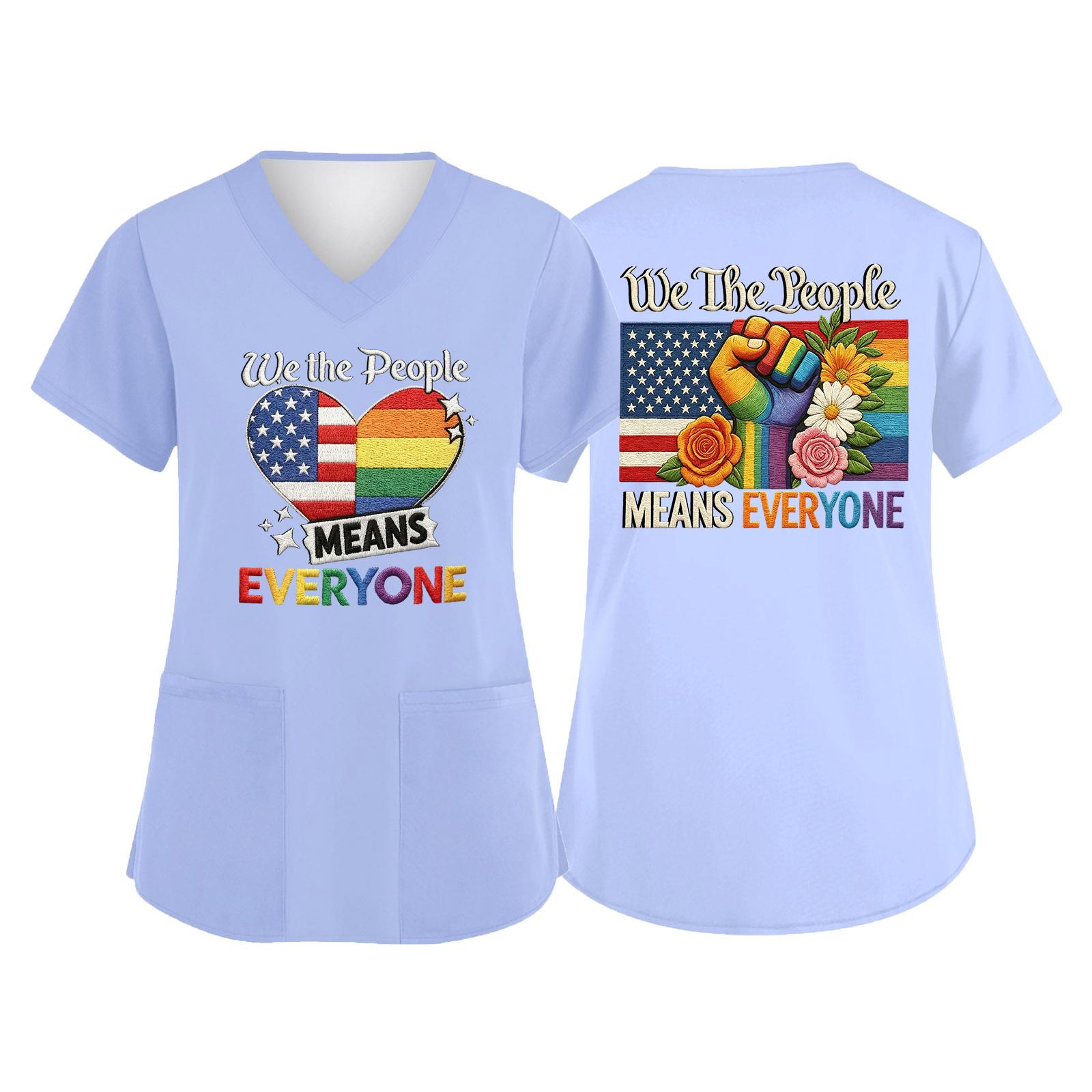 

Women V Neck Short Sleeve Work Shirt with Pockets Independence Day Graphic Print Top Nurse Uniform Medical Scrub Tee L